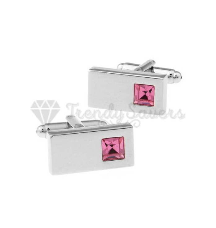 Luxury Men's Stainless Steel Cufflinks Pink CZ Cuff Link Wedding Gift Jewellery