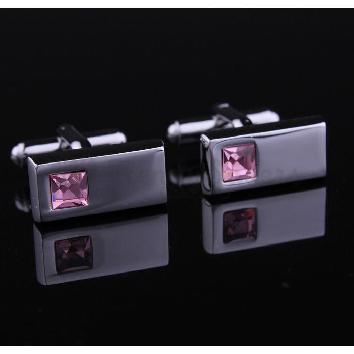 Luxury Men's Stainless Steel Cufflinks Pink CZ Cuff Link Wedding Gift Jewellery