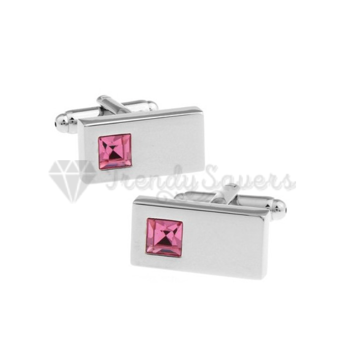 Luxury Men's Stainless Steel Cufflinks Pink CZ Cuff Link Wedding Gift Jewellery