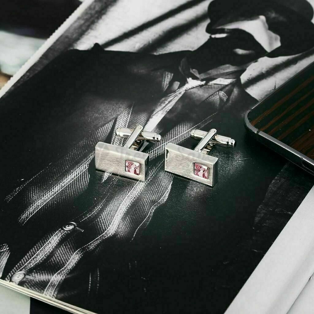 Luxury Men's Stainless Steel Cufflinks Pink CZ Cuff Link Wedding Gift Jewellery
