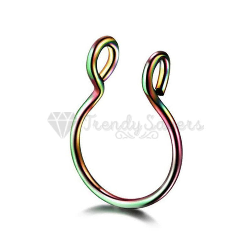 Rainbow Nose Clip On Ring Non-Piercing Fake Septum Helix Tragus Faux Piercing