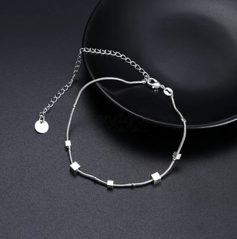 Adjustable Ankle Bracelet Sterling Silver Anklet Foot Chain Beads Round Cube