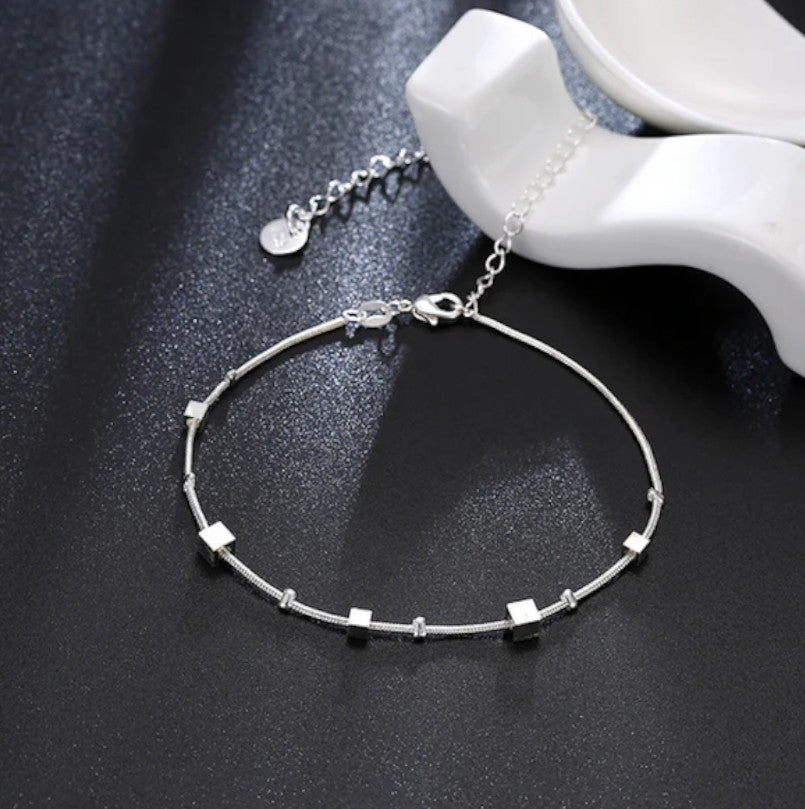 Adjustable Ankle Bracelet Sterling Silver Anklet Foot Chain Beads Round Cube
