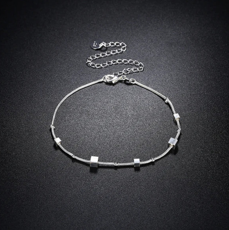 Adjustable Ankle Bracelet Sterling Silver Anklet Foot Chain Beads Round Cube