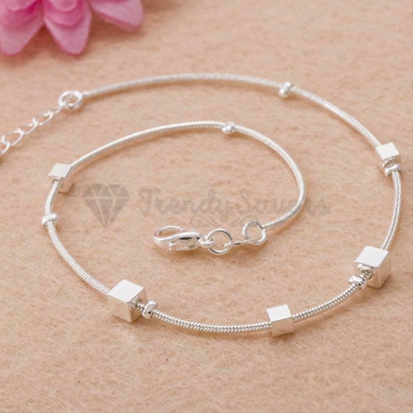 Adjustable Ankle Bracelet Sterling Silver Anklet Foot Chain Beads Round Cube