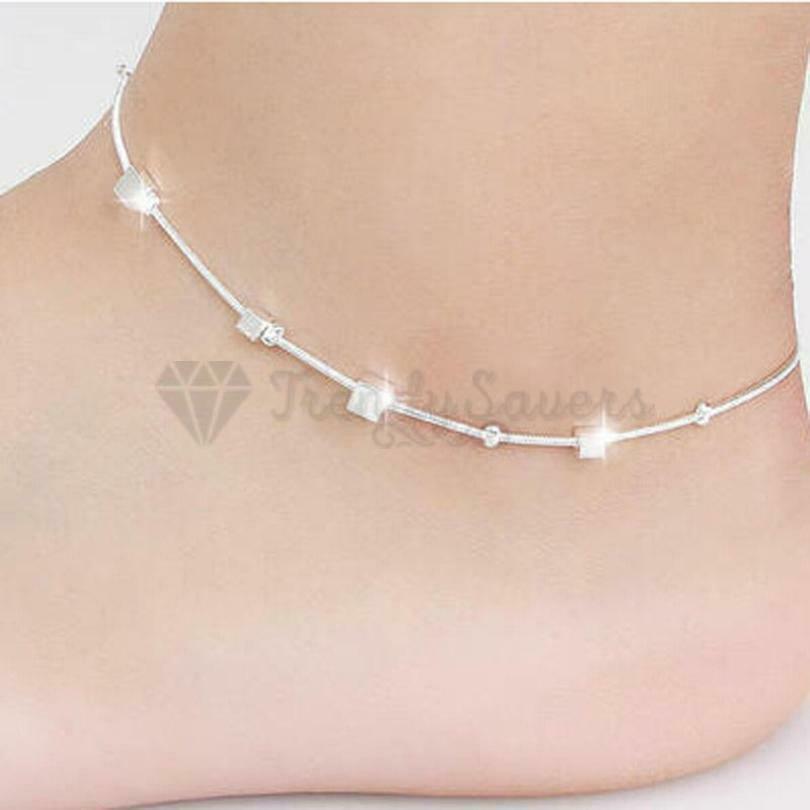 Adjustable Ankle Bracelet Sterling Silver Anklet Foot Chain Beads Round Cube