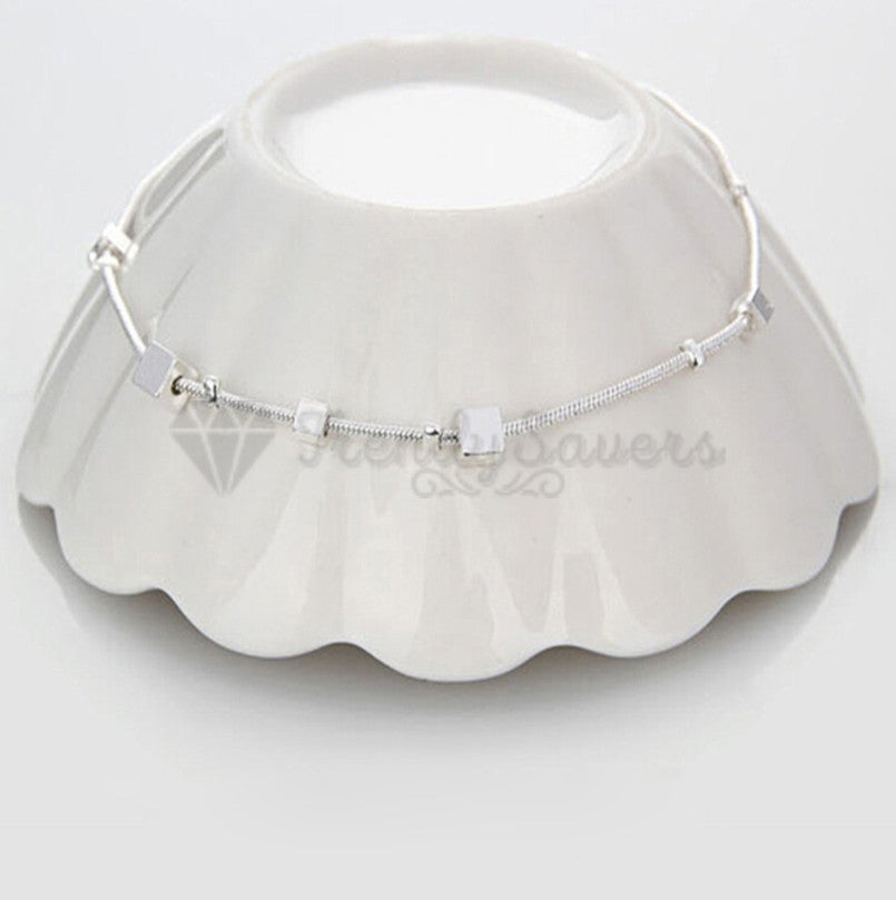 Adjustable Ankle Bracelet Sterling Silver Anklet Foot Chain Beads Round Cube