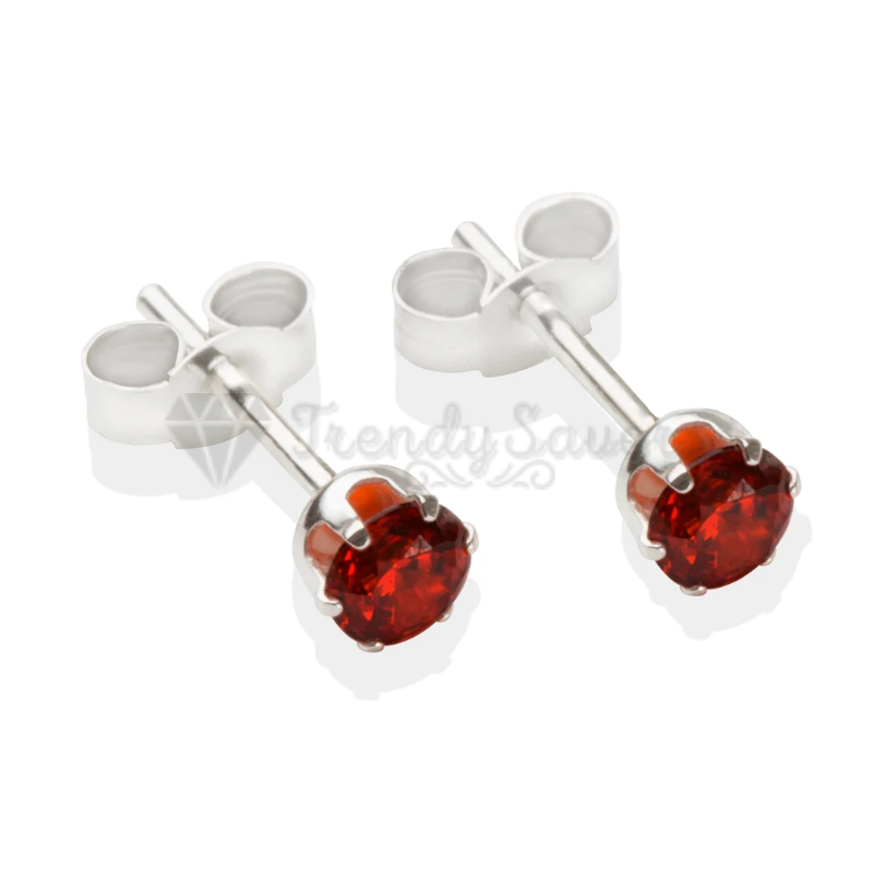 4MM Small Red Cubic Zirconia Round Cut Birthstone Stud Earrings Studs Piercing