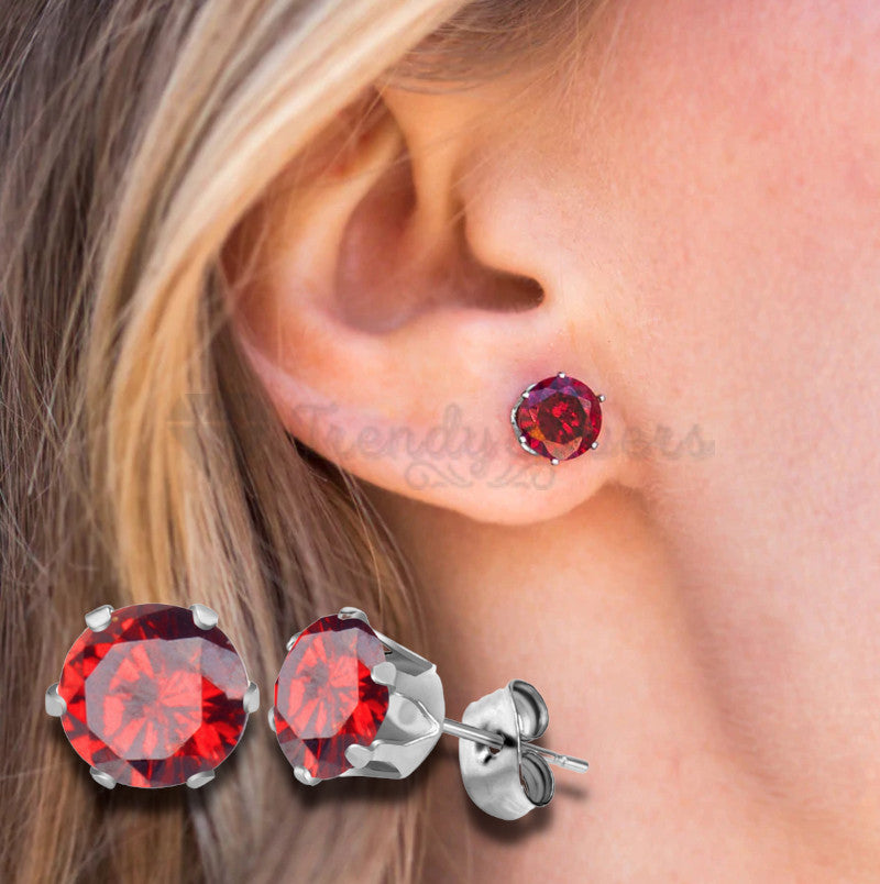 Surgical Stainless Steel Red Birthstone 7MM Stud Earrings Womens Girls Jewellery