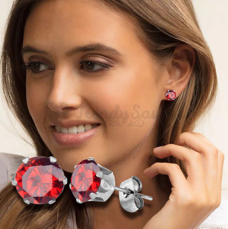 8MM Wide Ruby Red Crystal Gem Ear Studs Stud Piercing Stainless Steel Earrings