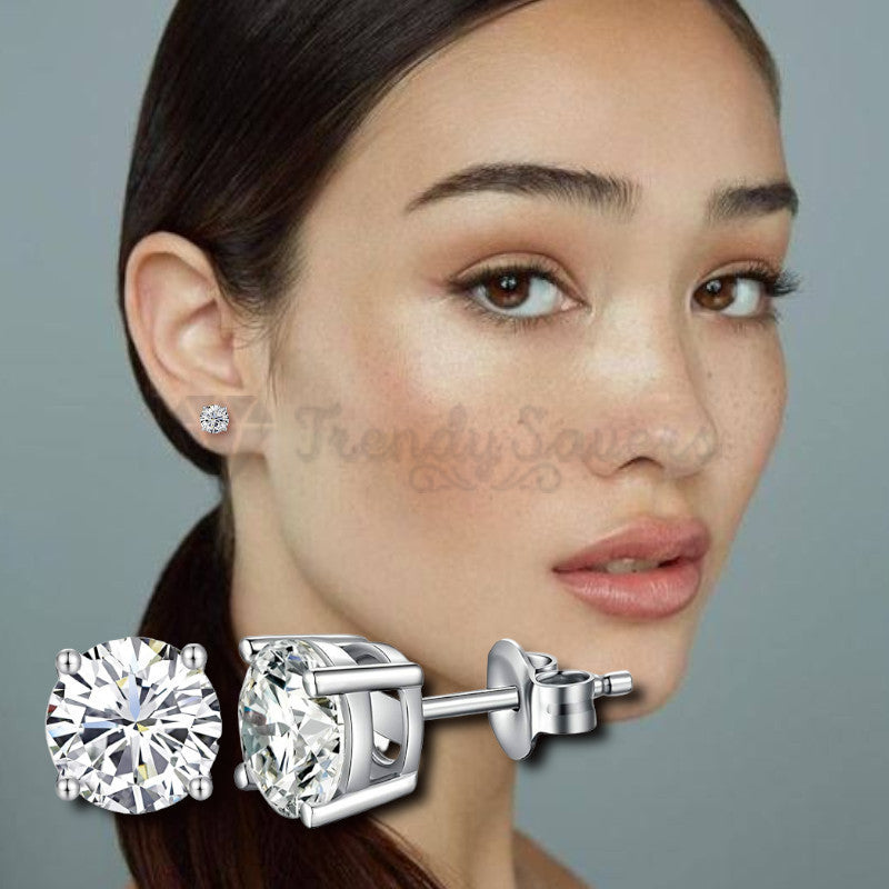 6MM Wide Sterling Silver Plated Princess Cut Clear Cubic Zirconia Stud Earrings