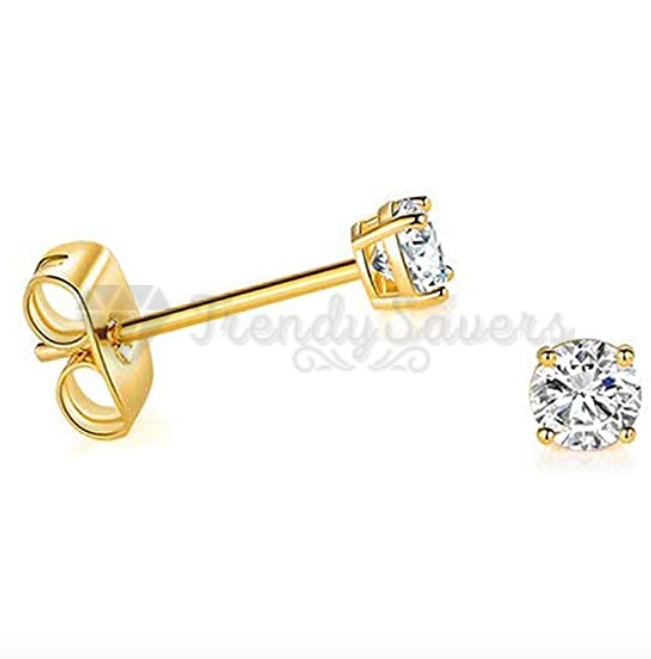 4MM Gold Plated Stud Earrings Hypoallergenic Round Cubic Zirconia Ear Piercings