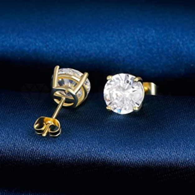 4MM Gold Plated Stud Earrings Hypoallergenic Round Cubic Zirconia Ear Piercings