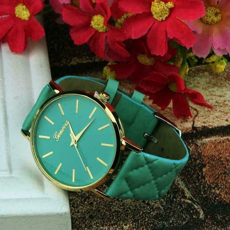 Women's Geneva Roman Watch Green Leather Strap Analog Quartz Wrist