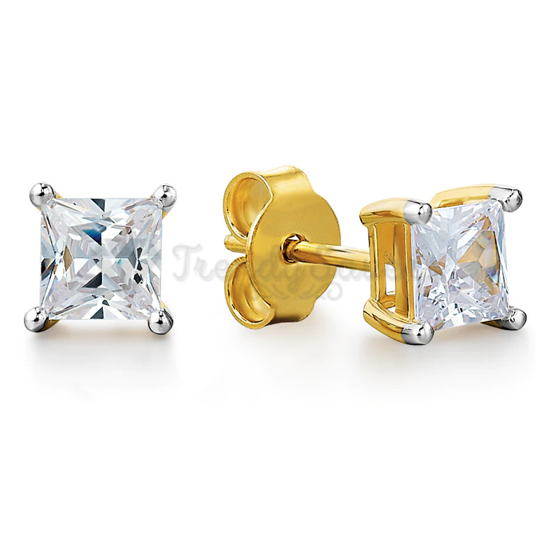 18ct Gold Plated Cubic Zirconia 8MM Square CZ Ear Piercing Studs Stud Earrings