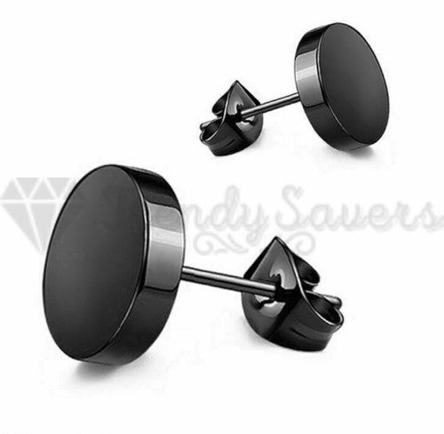 7MM Black Punk Flat Disc Ear Plug Fashion Earrings 316L Surgical Stainless Steel