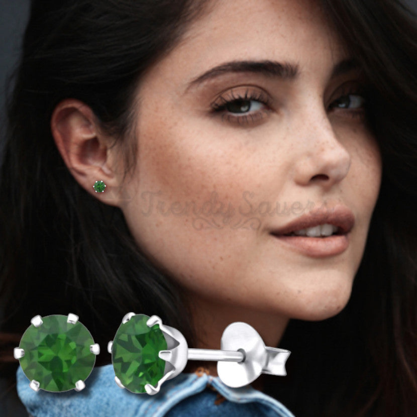 6MM Wide Round Cut Green Cubic Zirconia Ear Stud Earrings Surgical Steel Jewelry