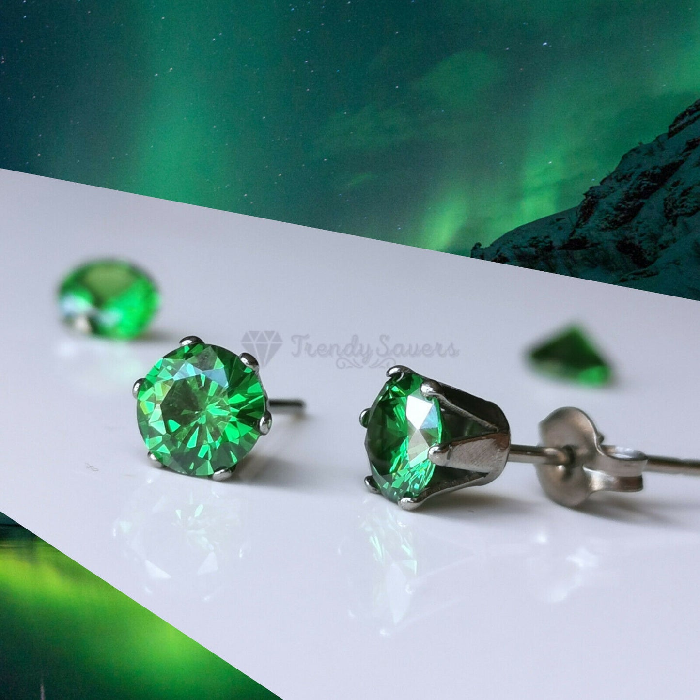 Stainless Steel Silver Hypoallergenic 7MM Green Cubic Zirconia Ear Stud Earrings