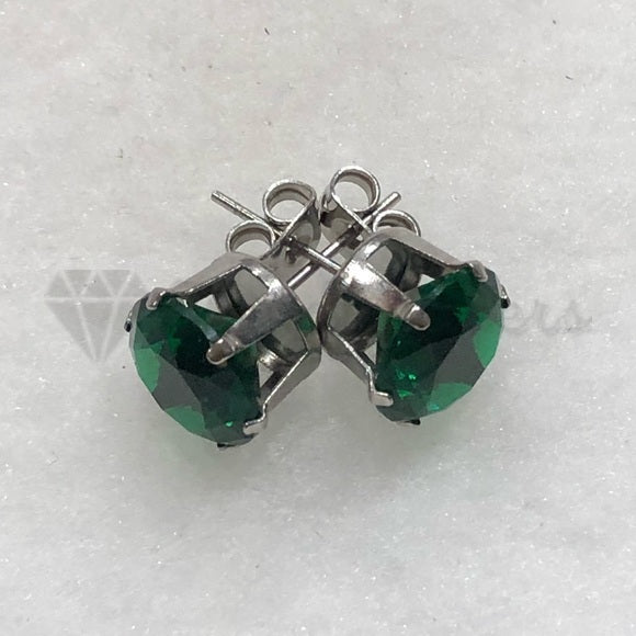 Stainless Steel Silver Hypoallergenic 7MM Green Cubic Zirconia Ear Stud Earrings