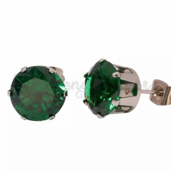 Stainless Steel Silver Hypoallergenic 7MM Green Cubic Zirconia Ear Stud Earrings