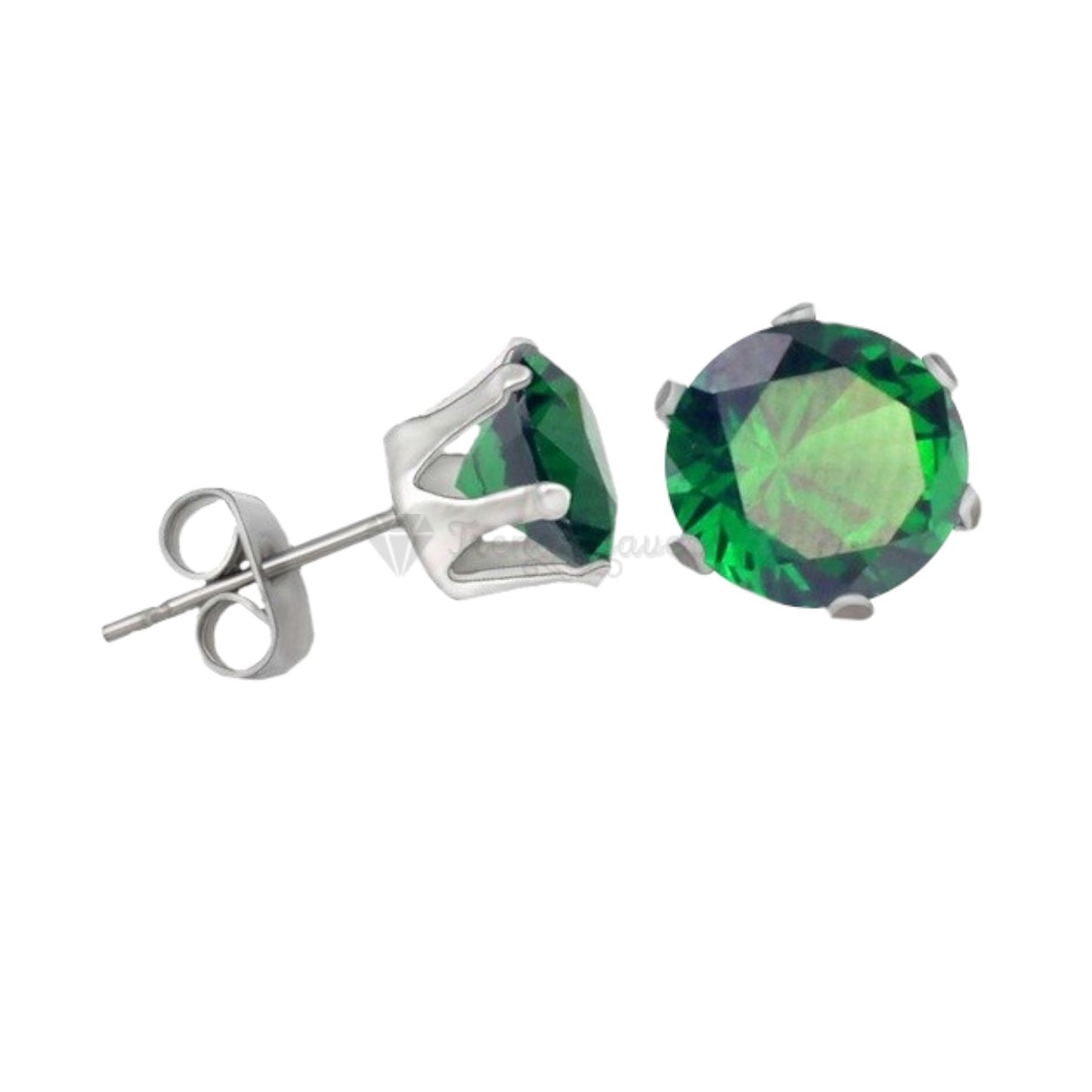 Stainless Steel Silver Hypoallergenic 7MM Green Cubic Zirconia Ear Stud Earrings