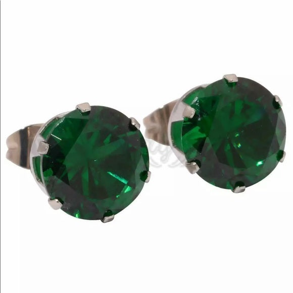 Stainless Steel Silver Hypoallergenic 7MM Green Cubic Zirconia Ear Stud Earrings