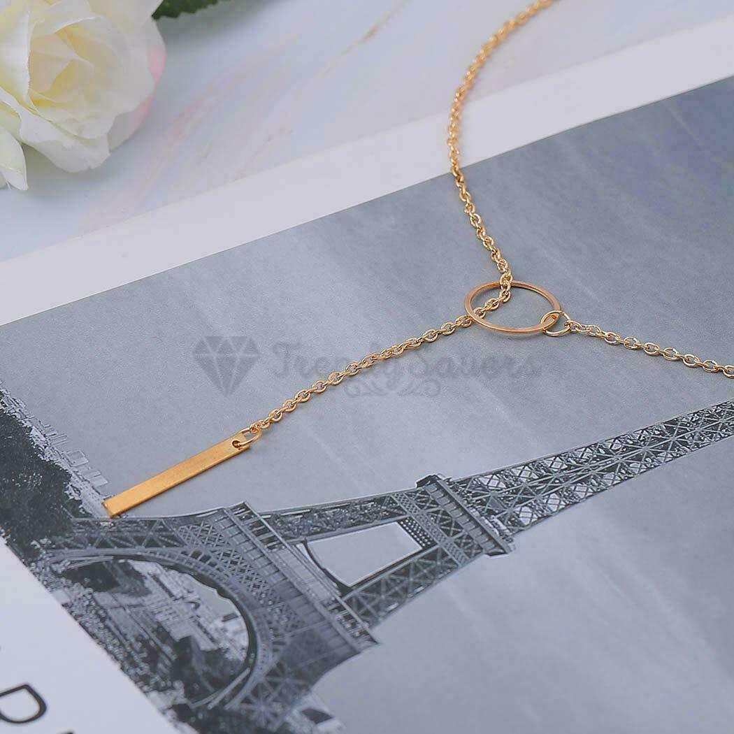 Ladies 18ct Gold Plated Circle Metal Pendant Vertical Bar Y Drop Lariat Necklace