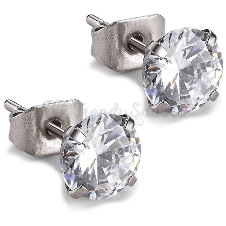 8MM Women Surgical Steel Silver Ear Stud Cubic Zircon Inlaid Solitaire Earrings