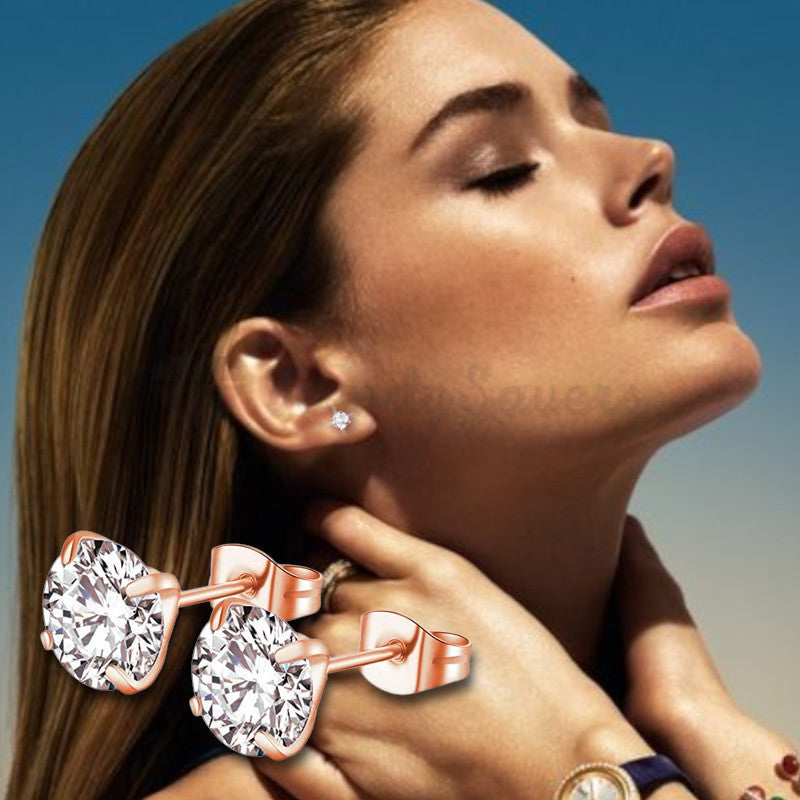 316L Stainless Steel 5MM Rose Gold Plated Solitaire Cubic Zirconia Stud Earrings