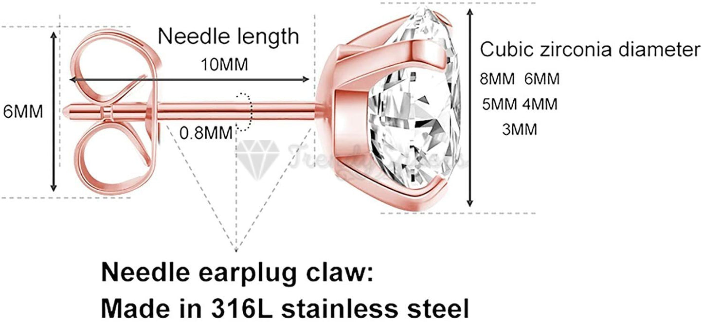 316L Stainless Steel 5MM Rose Gold Plated Solitaire Cubic Zirconia Stud Earrings