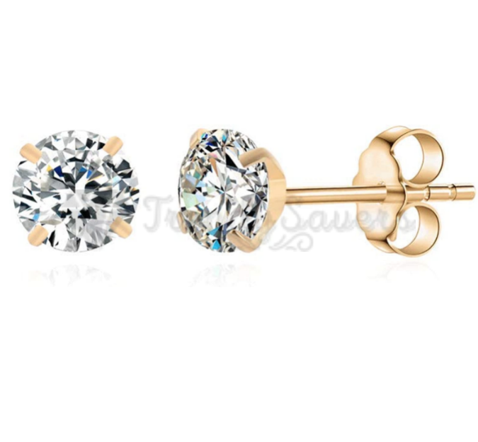 Premium Quality Gold Plated 6MM Cubic Zirconia Stud Earrings Sleeper Ear Studs