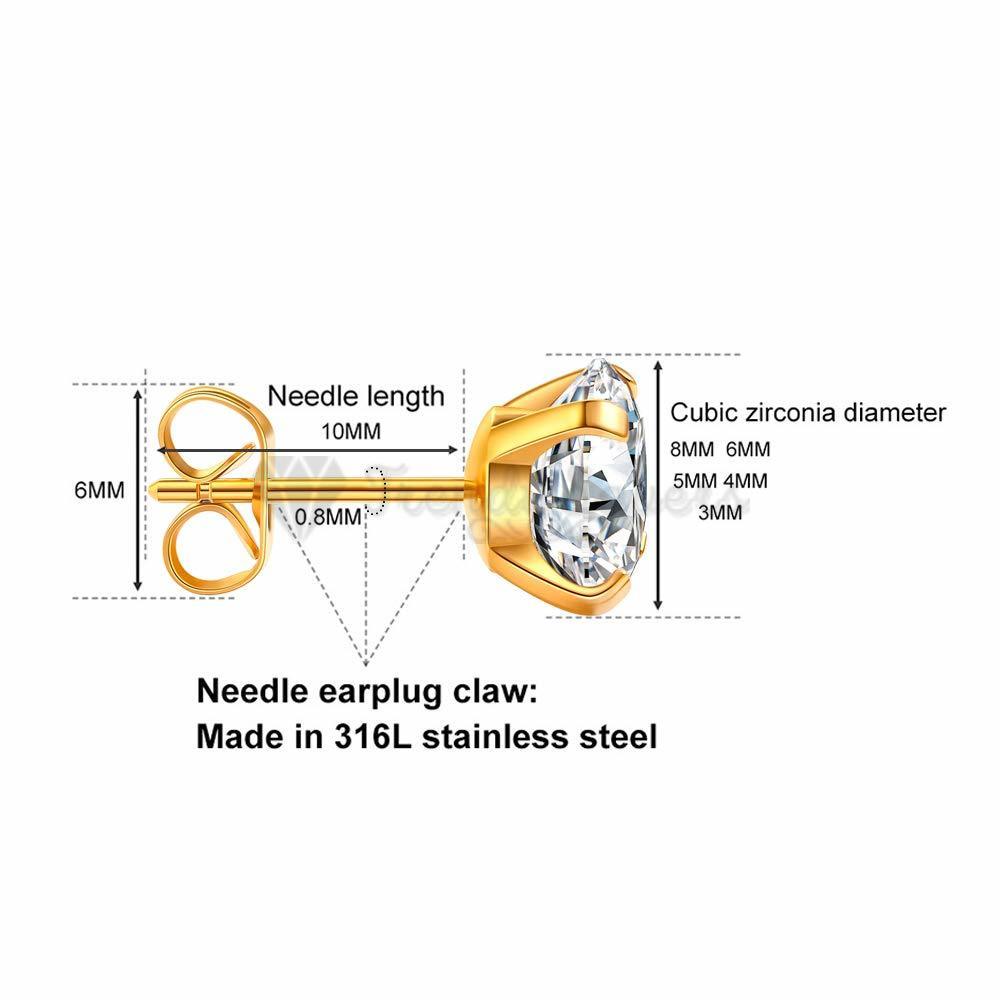 Premium Quality Gold Plated 6MM Cubic Zirconia Stud Earrings Sleeper Ear Studs