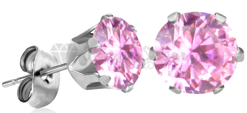 316L Surgical Steel 4MM Crystal Tiny Small Pink CZ Ear Studs Round Stud Earrings