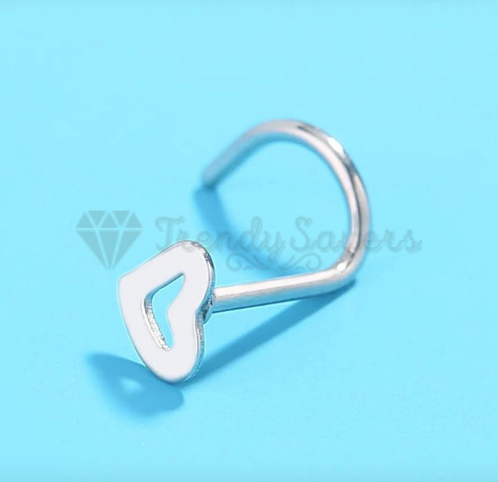 1x Silver Tone Heart Love Style Curved Pin Nose Stud Nail Earrings Body Piercing