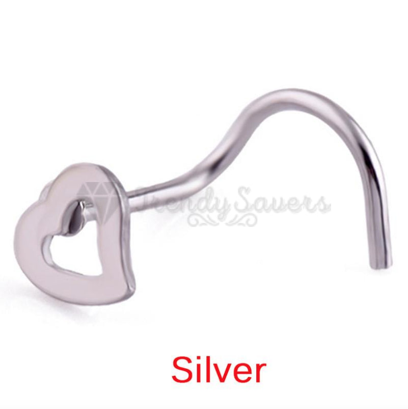 1x Silver Tone Heart Love Style Curved Pin Nose Stud Nail Earrings Body Piercing