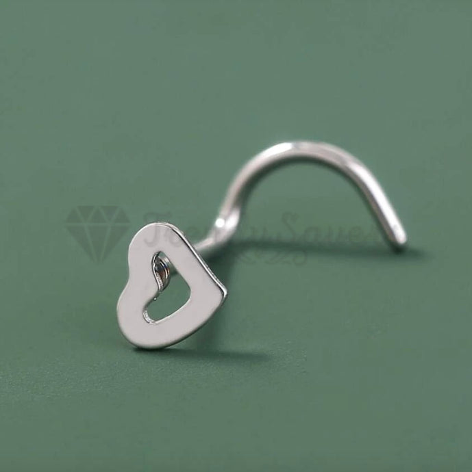 1x Silver Tone Heart Love Style Curved Pin Nose Stud Nail Earrings Body Piercing