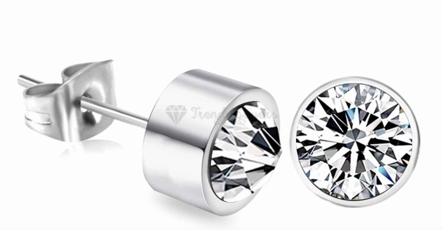 6MM Wide Solitaire Cubic Zirconia Bezel Ear Piercing Stud Earrings Sleeper Studs