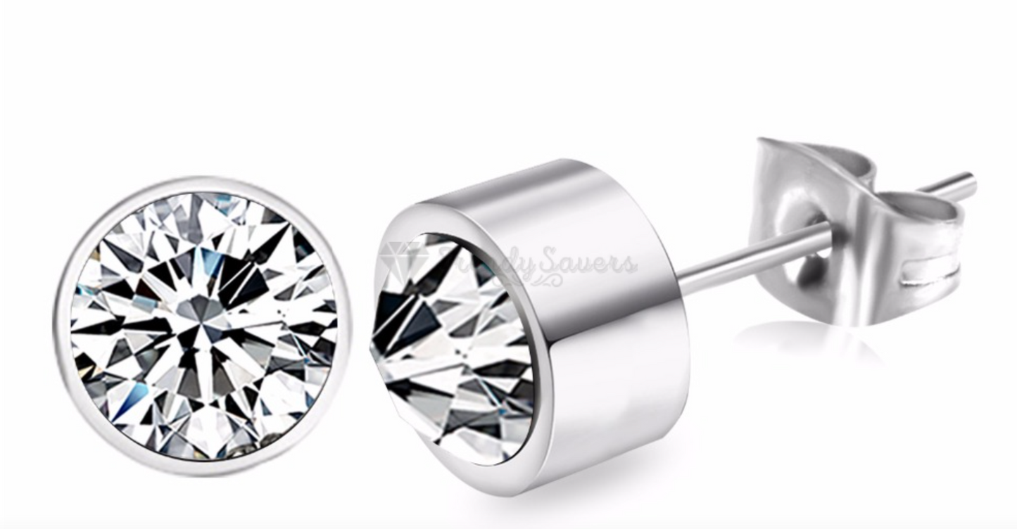 8MM Big Women Men Bezel Silver Round-Cut Solitaire Cubic Zirconia Stud Earrings