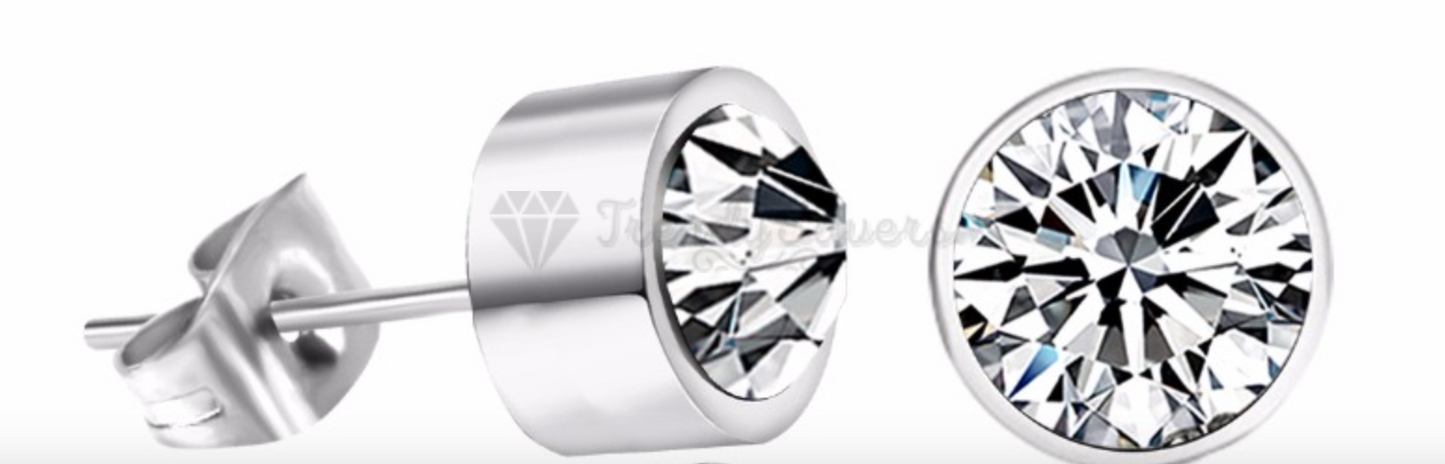 8MM Big Women Men Bezel Silver Round-Cut Solitaire Cubic Zirconia Stud Earrings