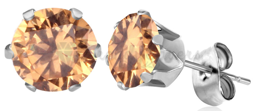 6MM Pair Stainless Steel Champagne CZ Piercing Studs Round Stud Earrings Jewelry
