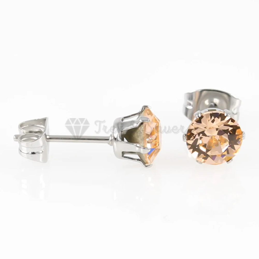 6MM Pair Stainless Steel Champagne CZ Piercing Studs Round Stud Earrings Jewelry