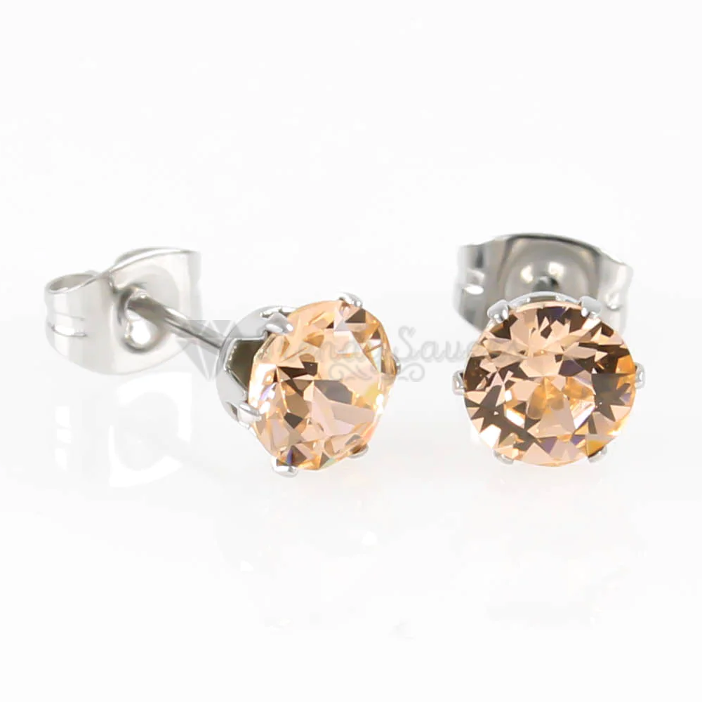 6MM Pair Stainless Steel Champagne CZ Piercing Studs Round Stud Earrings Jewelry