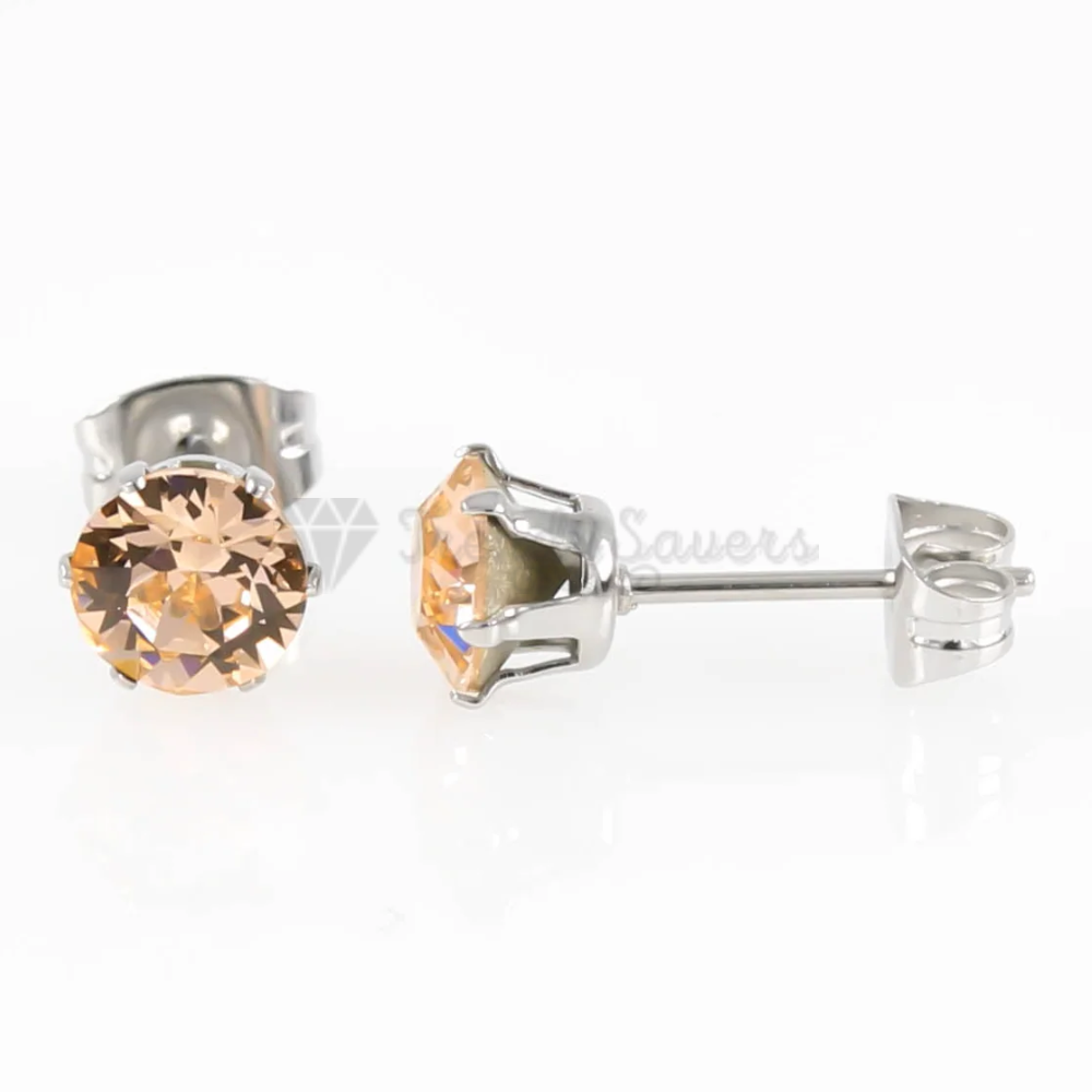 6MM Pair Stainless Steel Champagne CZ Piercing Studs Round Stud Earrings Jewelry