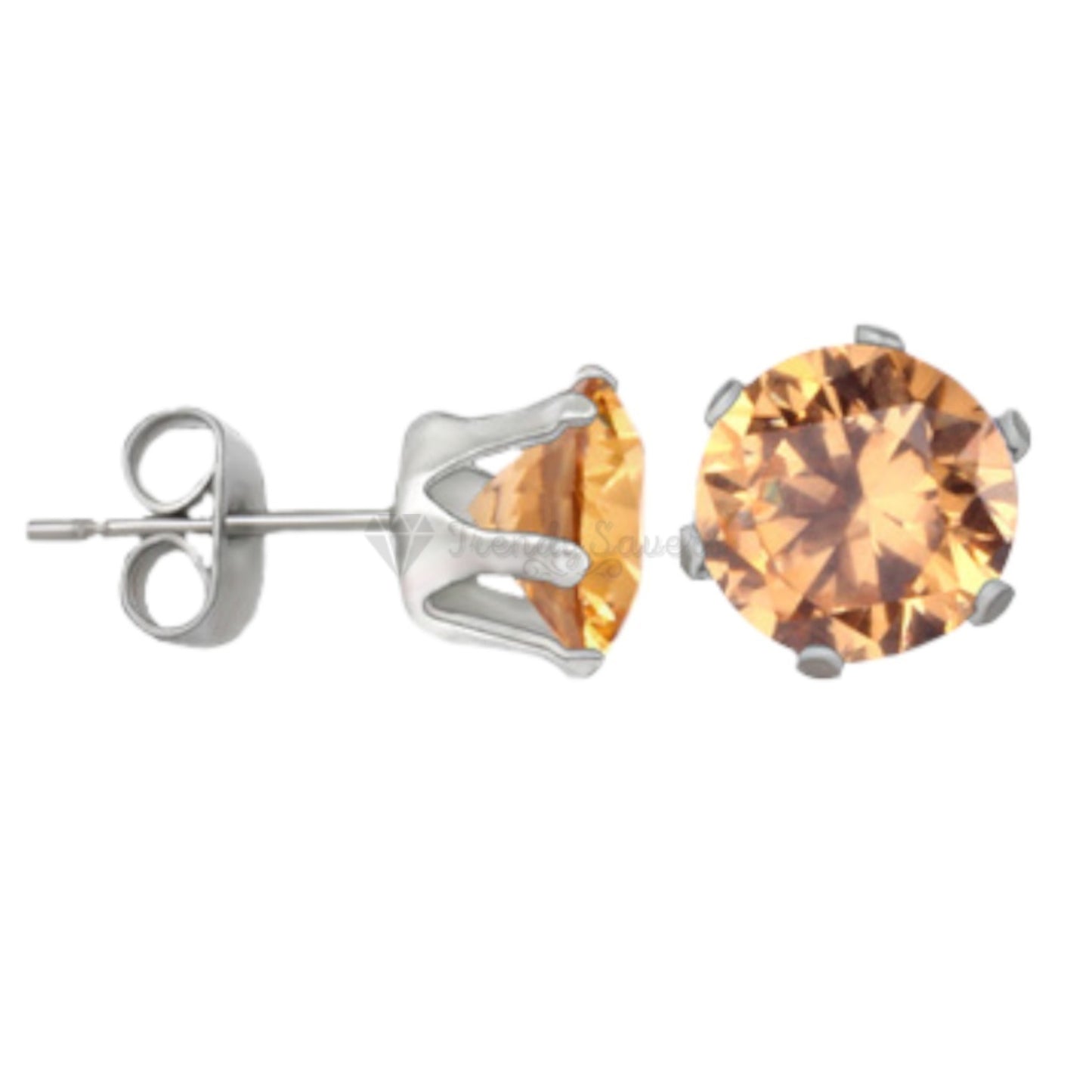 6MM Pair Stainless Steel Champagne CZ Piercing Studs Round Stud Earrings Jewelry