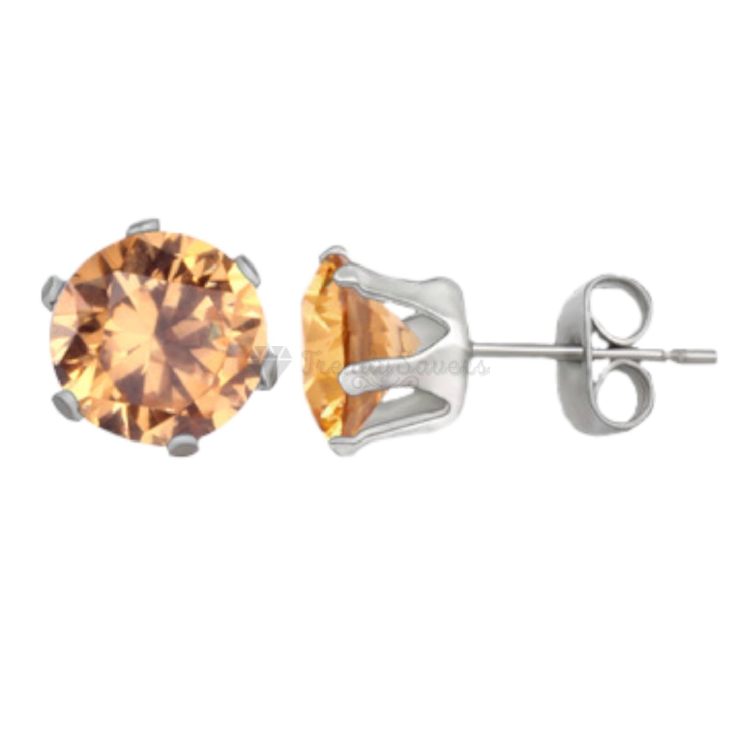 6MM Pair Stainless Steel Champagne CZ Piercing Studs Round Stud Earrings Jewelry