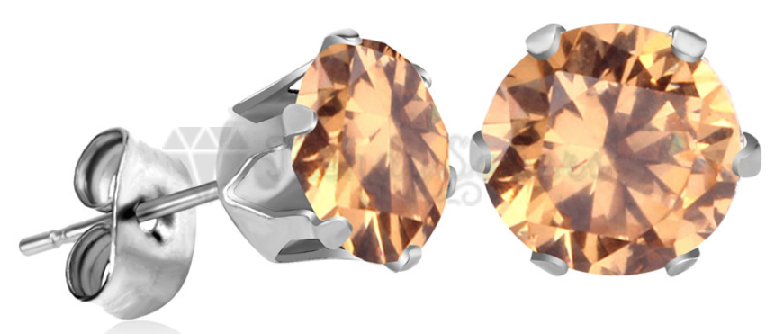 6MM Pair Stainless Steel Champagne CZ Piercing Studs Round Stud Earrings Jewelry