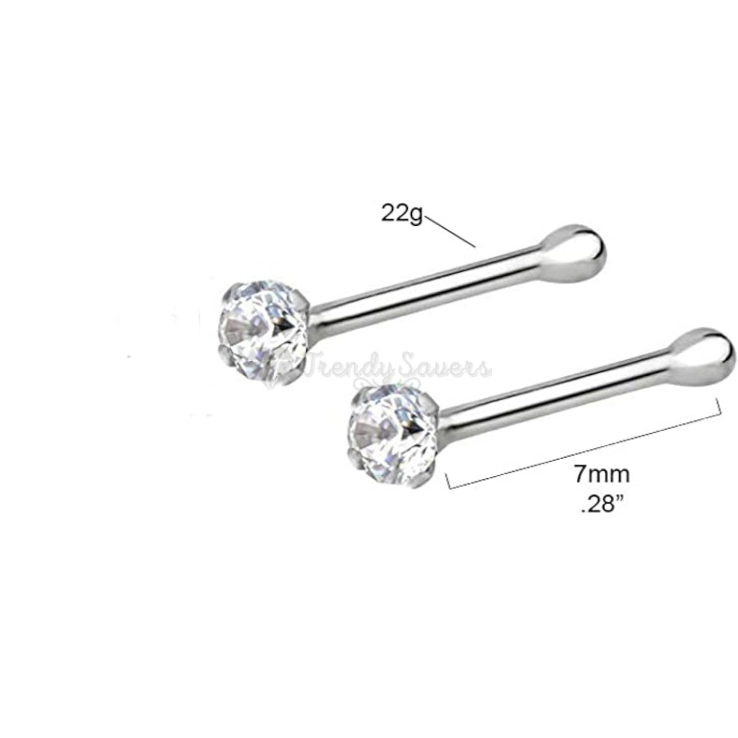 925 Sterling Silver Tiny Nose Ring Bone Stud 2MM White Cubic Zirconia Crystals