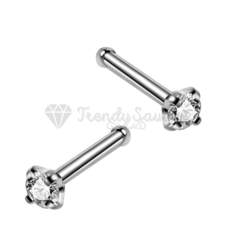 925 Sterling Silver Tiny Nose Ring Bone Stud 2MM White Cubic Zirconia Crystals