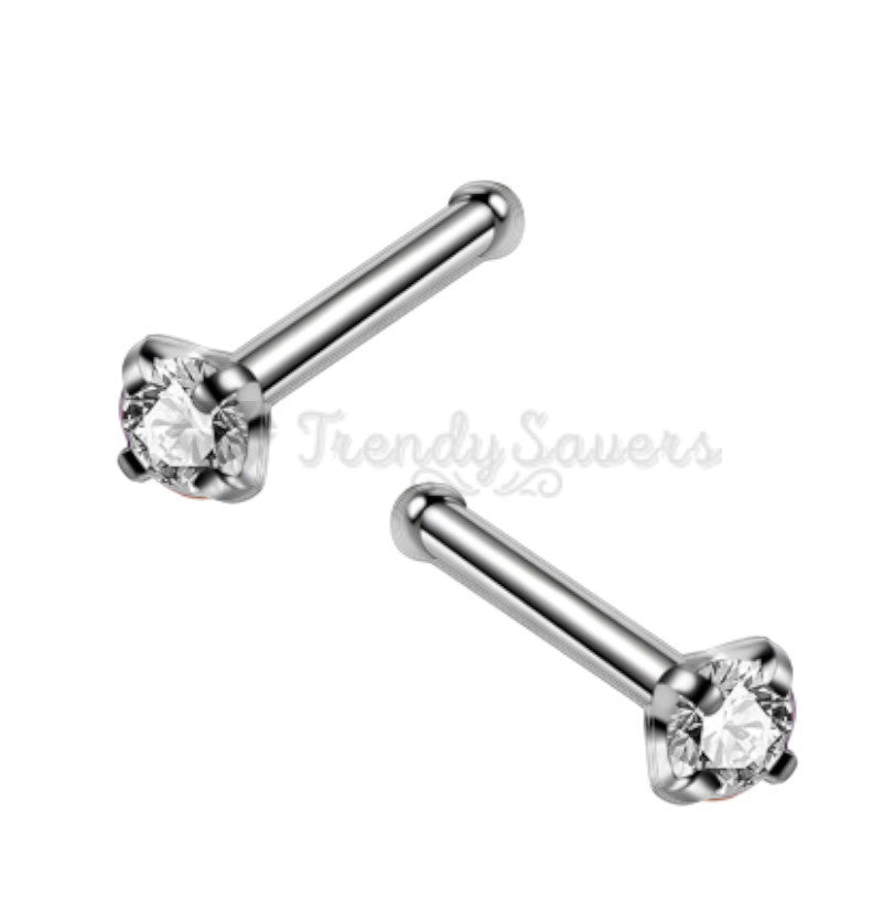 925 Sterling Silver Tiny Nose Ring Bone Stud 2MM White Cubic Zirconia Crystals