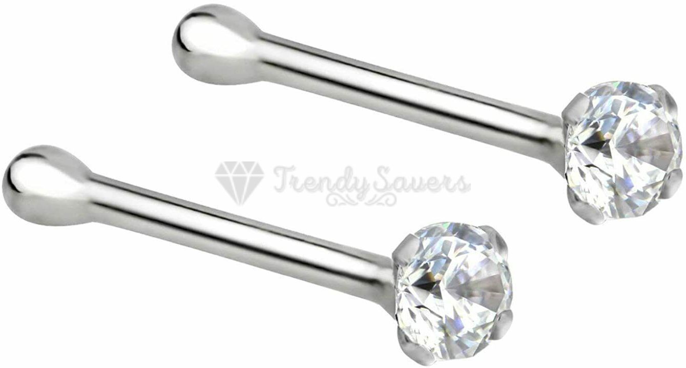 3MM Round Small Cubic Zirconia White Crystal Nose Ring Studs Stud Bar Piercing